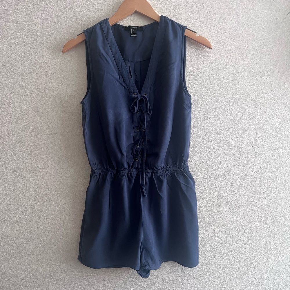 F21 Lace Up Romper, Blue, Sz Small